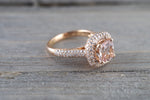 18k Rose Gold Pave Halo Cushion Morganite Peach Champagne Beige Diamond Halo Engagement Ring Vintage