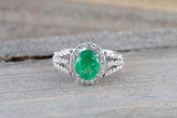 18k White Gold Classic Natual Colombian Emerald Oval Diamond Halo Engagement Wedding Ring