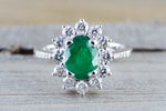 18k White Gold Natural Emerald Oval Diamond Halo Band Engagement Ring