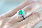 18k White Gold Natural Emerald Oval Diamond Halo Band Engagement Ring
