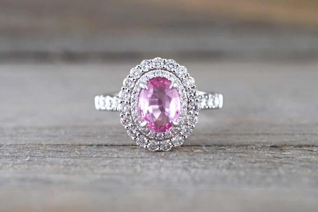 18 Karat White Gold Pink Sapphire Diamond Halo Three Stone R | Saxons Fine  Jewelers | Bend, OR