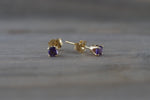 14k Solid Yellow Gold with Purple Amethyst Gemstone Earrings Studs February Birthstone