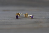 14k Solid Yellow Gold with Purple Amethyst Gemstone Earrings Studs February Birthstone