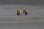 14k Solid Yellow Gold with Purple Amethyst Gemstone Earrings Studs February Birthstone