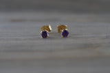14k Solid Yellow Gold with Purple Amethyst Gemstone Earrings Studs February Birthstone