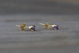 14k Solid Yellow Gold with Purple Amethyst Gemstone Earrings Studs February Birthstone