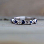 14K White Gold Vintage Classic Multi Side Face Diamond with Sapphire Ring Wedding Engagement Ring Milgrain Etching Band