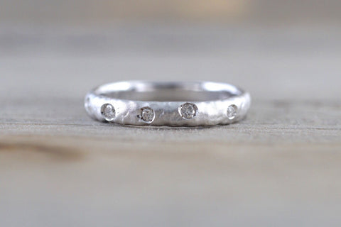 14k Solid White Gold Diamond Hammered Ring Band Matte Brushed