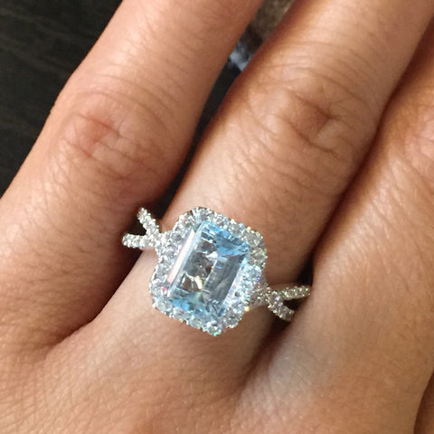 14k White Gold Diamond Emerald Cut Aquamarine Twist Infinity Love Halo Engagement Ring