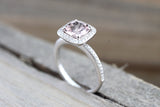 18k White Gold Diamond Cushion Halo Morganite Engagement Anniversary Love Wedding Ring Band Art Deco Vintage