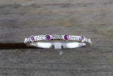 14k White Gold Thin Round Cut Ruby And Diamond Wedding Engagement Pave Stackable Stack Promise Ring Anniversary Band