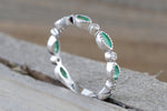 14k White Gold Marquis Cut Green Emerald And Round Brilliant Cut Diamond Engagement Pave Stackable Stacking Promise Ring Anniversary