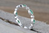 14k White Gold Marquis Cut Green Emerald And Round Brilliant Cut Diamond Engagement Pave Stackable Stacking Promise Ring Anniversary