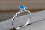 14k White Gold Round Cut Blue Topaz Beaded Band Engagement Pave Stackable Stacking Promise Ring Anniversary
