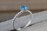 14k White Gold Round Cut Blue Topaz Beaded Band Engagement Pave Stackable Stacking Promise Ring Anniversary