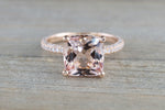 14k Rose Gold Encrusted Under Halo 3 Face 3D Diamond Cushion Morganite Ring 9x9 Solitaire M3090