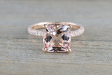 14k Rose Gold Encrusted Under Halo 3 Face 3D Diamond Cushion Morganite Ring 9x9 Solitaire M3090