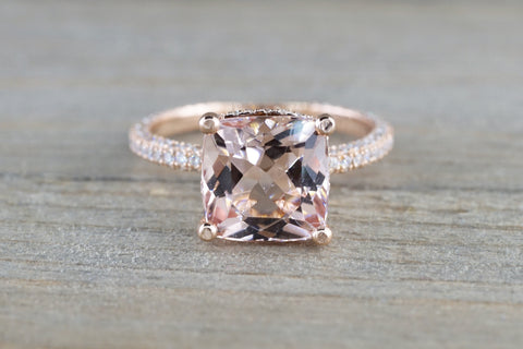 14k Rose Gold Encrusted Under Halo 3 Face 3D Diamond Cushion Morganite Ring 9x9 Solitaire M3090
