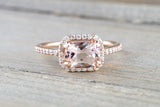 Cushion Morganite 14 Karat Rose Gold Sideways Diamond Halo Engagement Anniversary Promise Wedding Ring Band East West