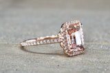 Rebecca Elongated Emerald Morganite Diamond Halo Ring M3087
