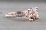 14k Rose Gold Encrusted Under Halo 3 Face 3D Diamond Cushion Morganite Ring 9x9 Solitaire M3090