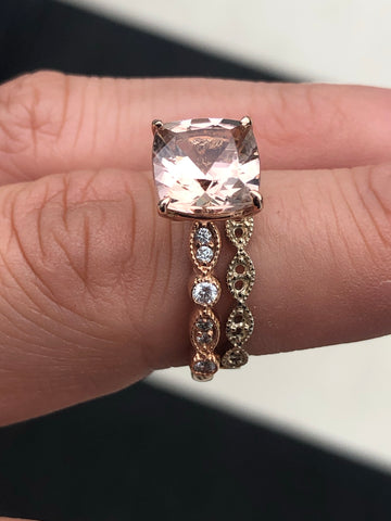 8mm Cushion Cut Morganite with Diamond Art Deco Mounting